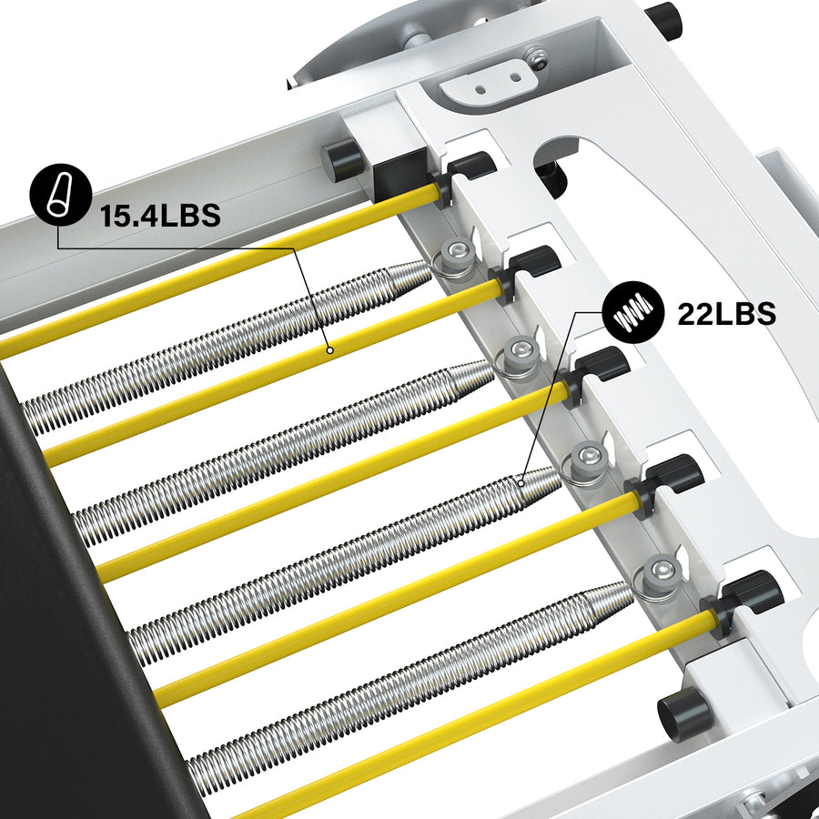 Close-up of the spring system on the RT-101 Pilates reformer.