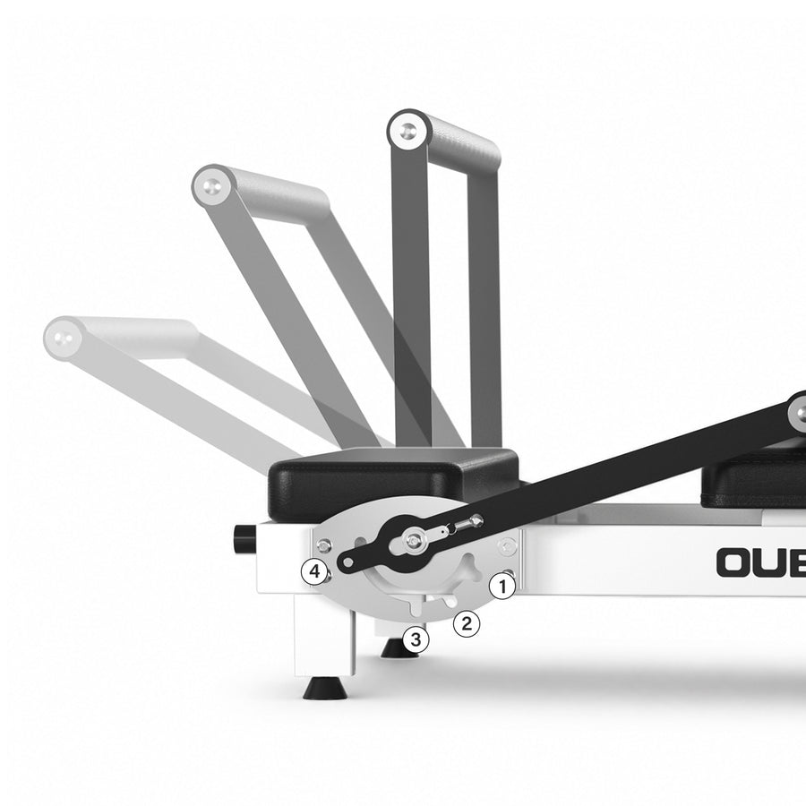 A close-up of the 4-position foot bar of the rt-101 pilates reformer.