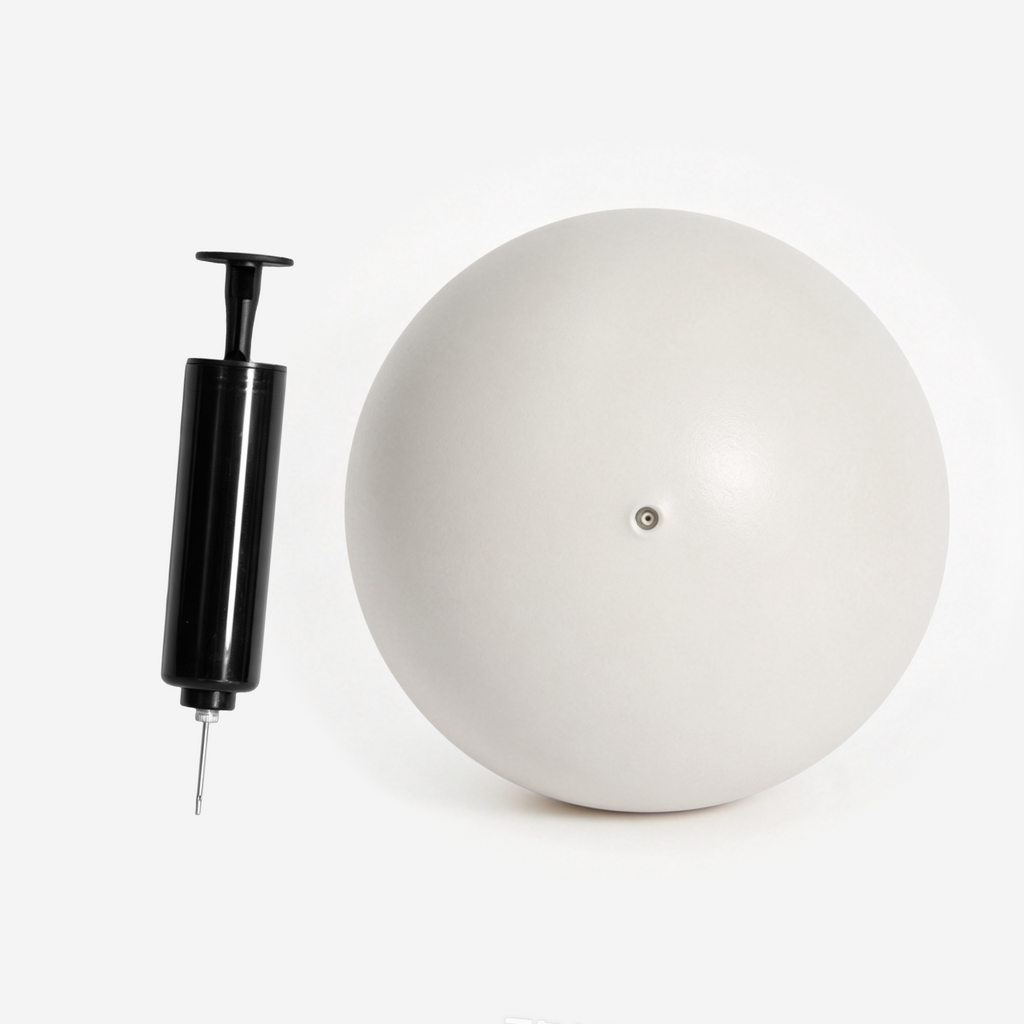 Displaying a light-grey 9.8" Pilates ball with an air pump