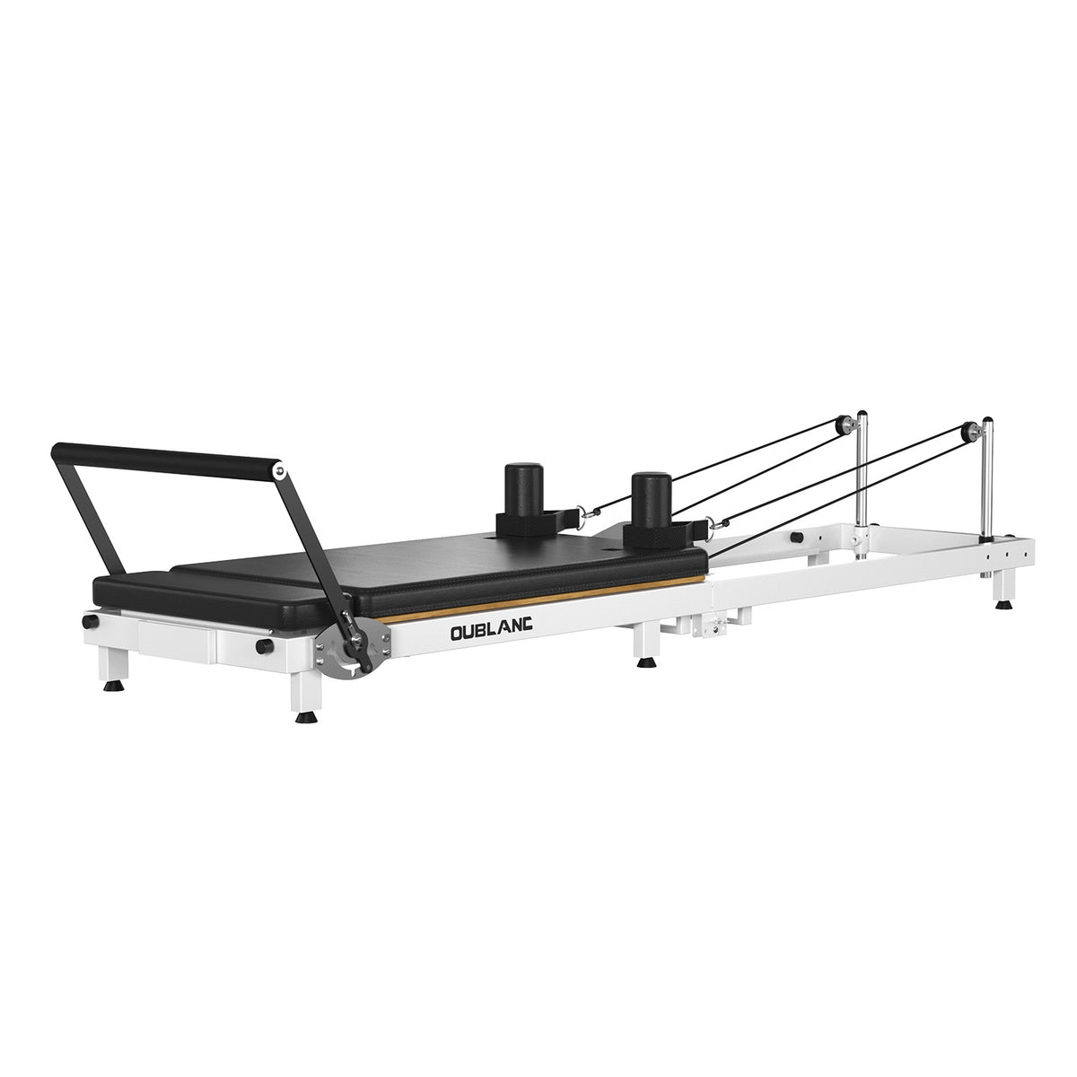 OUBLANC RT-101 Foldable Pilates reformer machine with a black padded carriage, white steel frame, and black foot bar, shown on a solid white background.