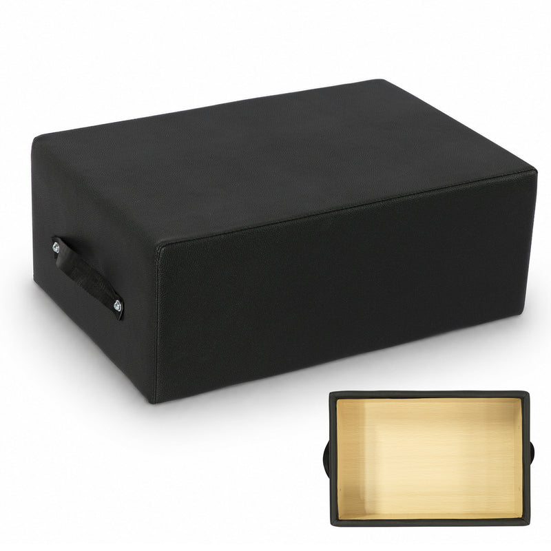 A rectangular black sitting box for Pilates reformer. A smaller inset at the bottom right shows its wooden structure inside.