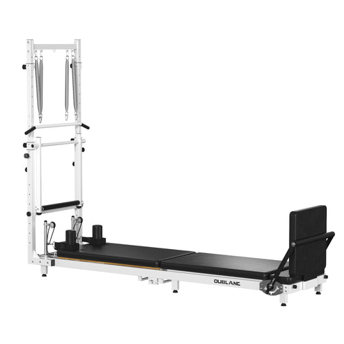 OUBLANC Pilates Reformer Machine with Tower, featuring a white steel frame and black carriage, extra platform board and jump board included, shown on a solid white background. 