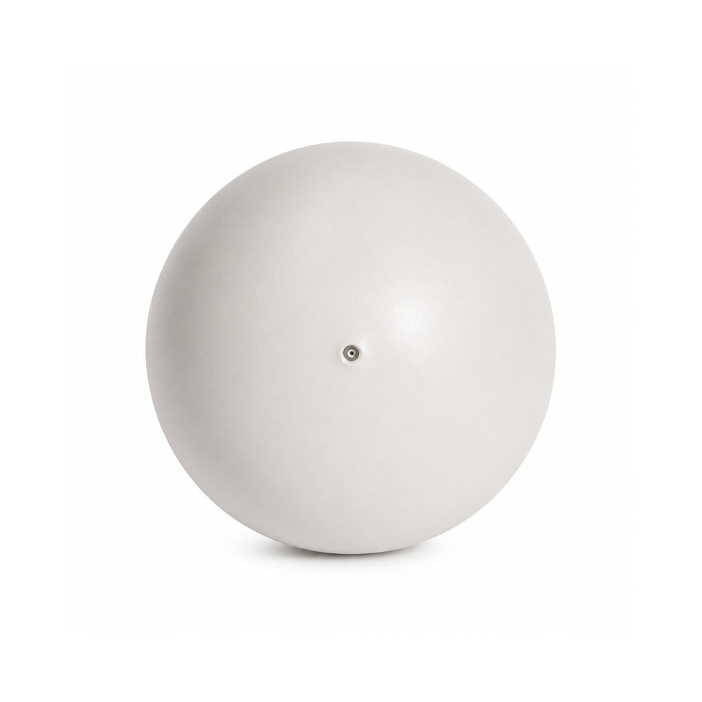 Displaying the back of a light-grey 9.8" Pilates ball with the pumping hole in the middle, on a white background.