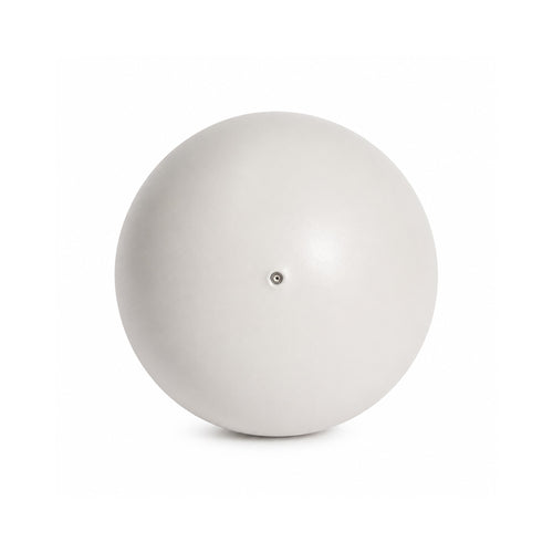 Displaying the back of a light-grey 9.8" Pilates ball with the pumping hole in the middle, on a white background.