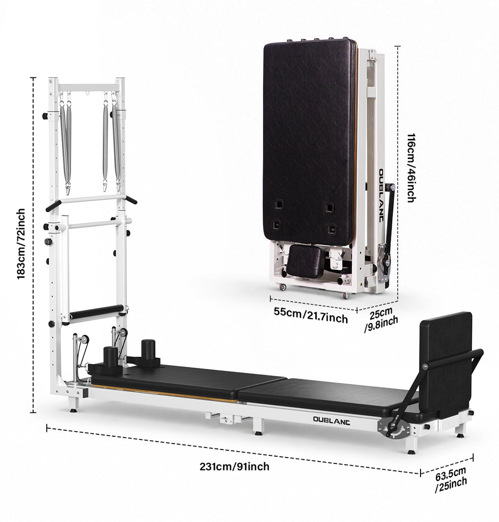 OUBLANC RT-101 Foldable Pilates Reformer Machine shown on a white background with dimension callouts for length, height, and width, plus a smaller rear view of the folded dimensions.