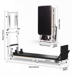 OUBLANC RT-101 Foldable Pilates Reformer Machine shown on a white background with dimension callouts for length, height, and width, plus a smaller rear view of the folded dimensions.