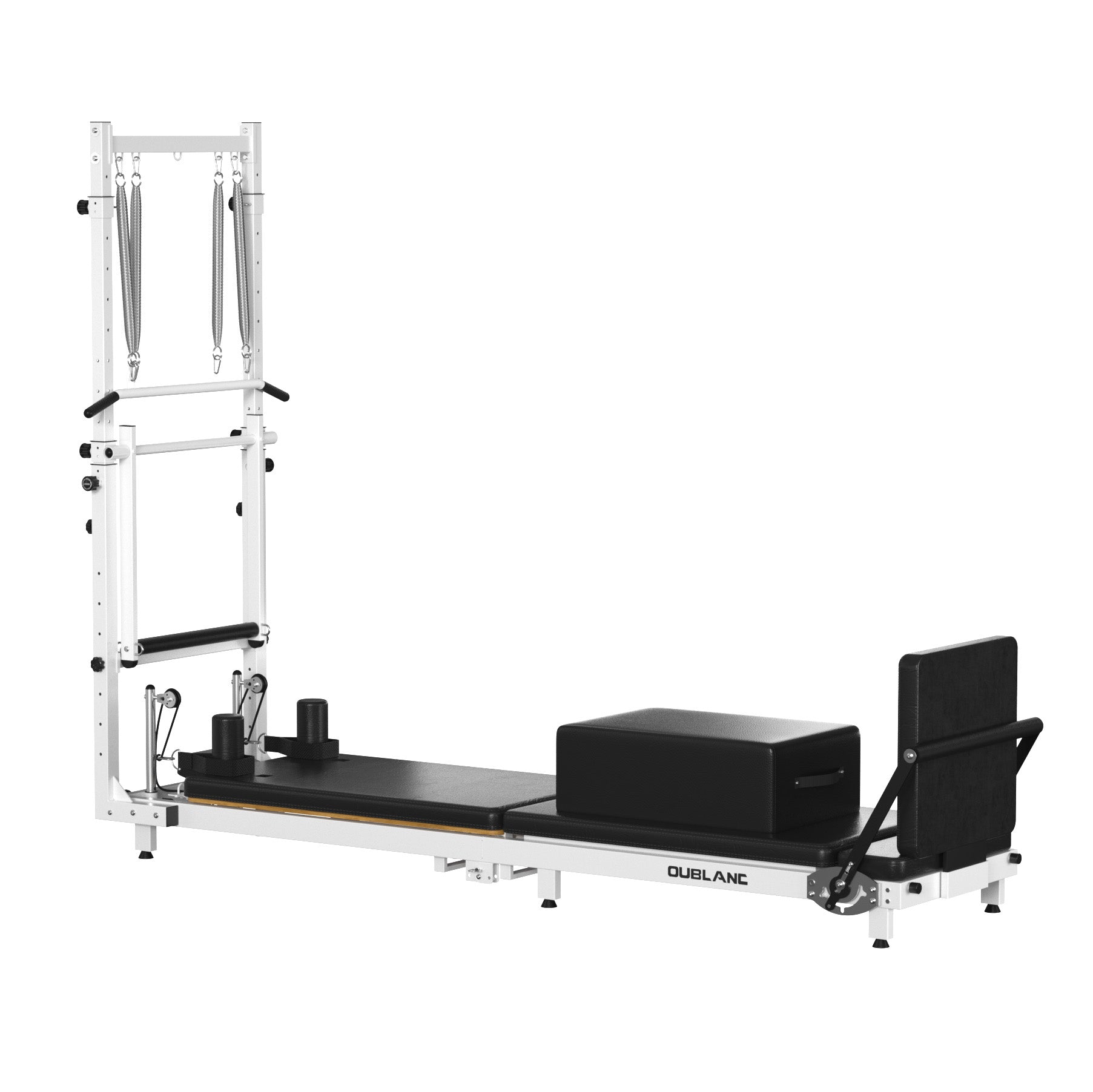 Displaying the whole set of OUBLANC RT-101 Pilates Reformer with Tower, Jump Board and Sitting Box.