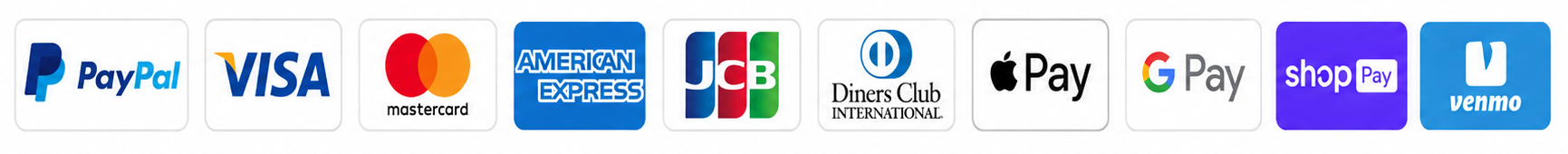 Logos of various payment methods including PayPal, Visa, Mastercard, American Express, JCB, Diners Club, Apple Pay, Google Pay, ShopPay, and Venmo.