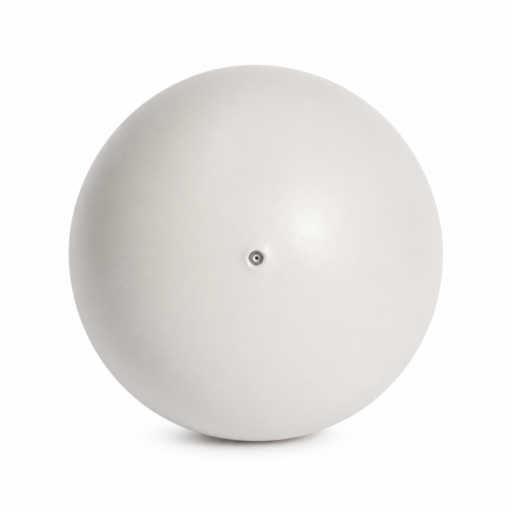 Displaying the back of a light-grey 9.8" Pilates ball with the pumping hole in the middle.