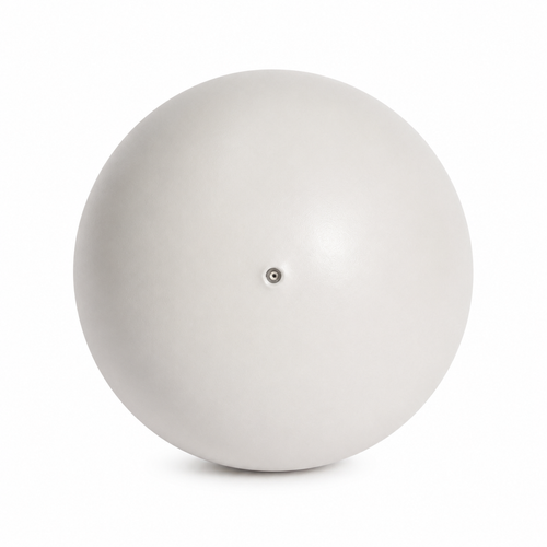 Displaying the back of a light-grey 9.8" Pilates ball with the pumping hole in the middle.