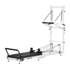 OUBLANC RT-101 Foldable Pilates Reformer Machine with Tower, featuring a white steel frame and a black carriage. Product displayed on a white background.