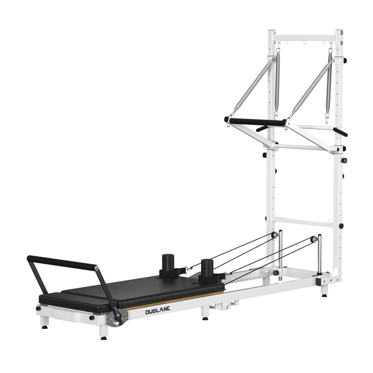 OUBLANC RT-101 Foldable Pilates Reformer Machine with Tower, featuring a white steel frame and a black carriage. Product displayed on a white background.