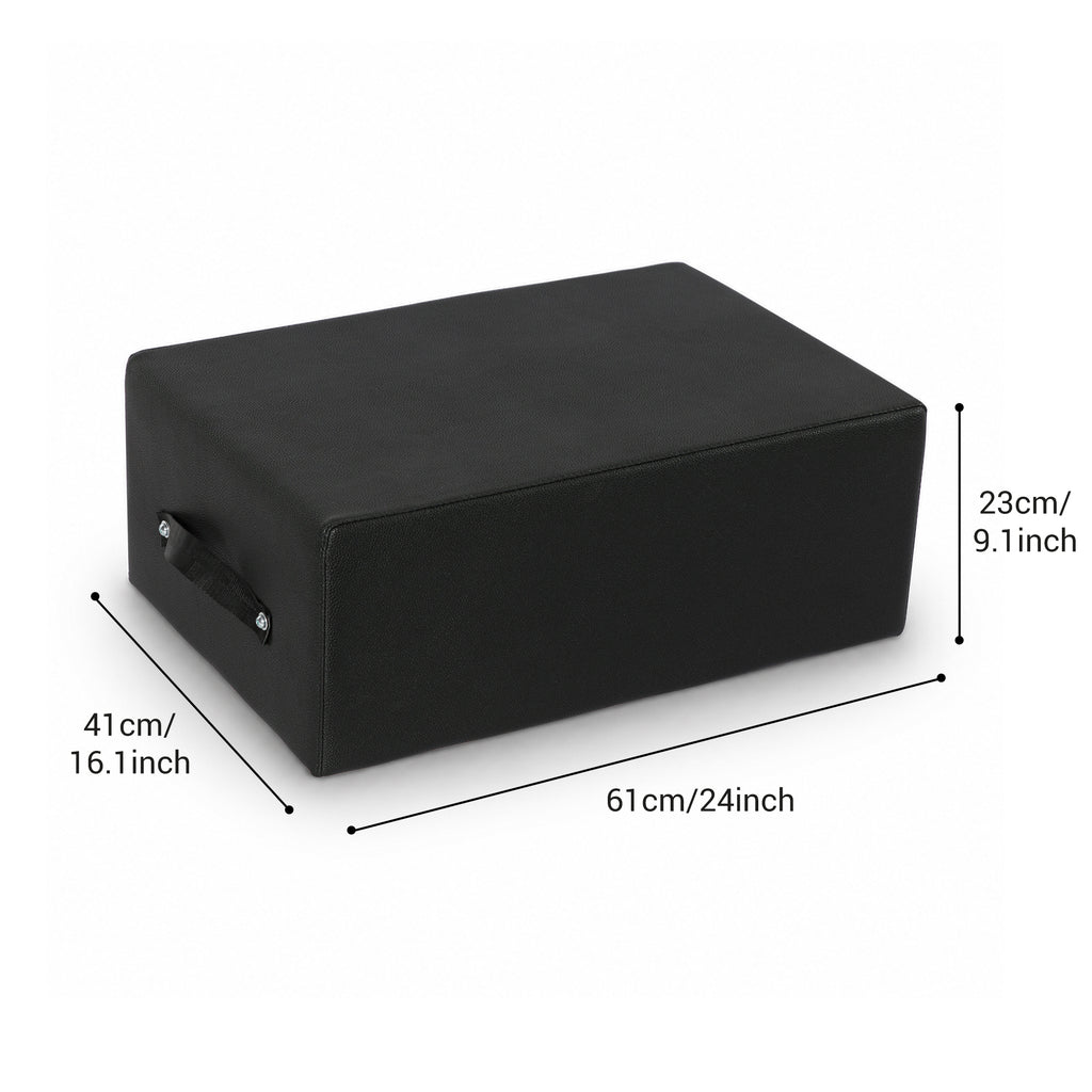 Displaying the dimensions of a black Pilates sitting box, shown on a white background.
