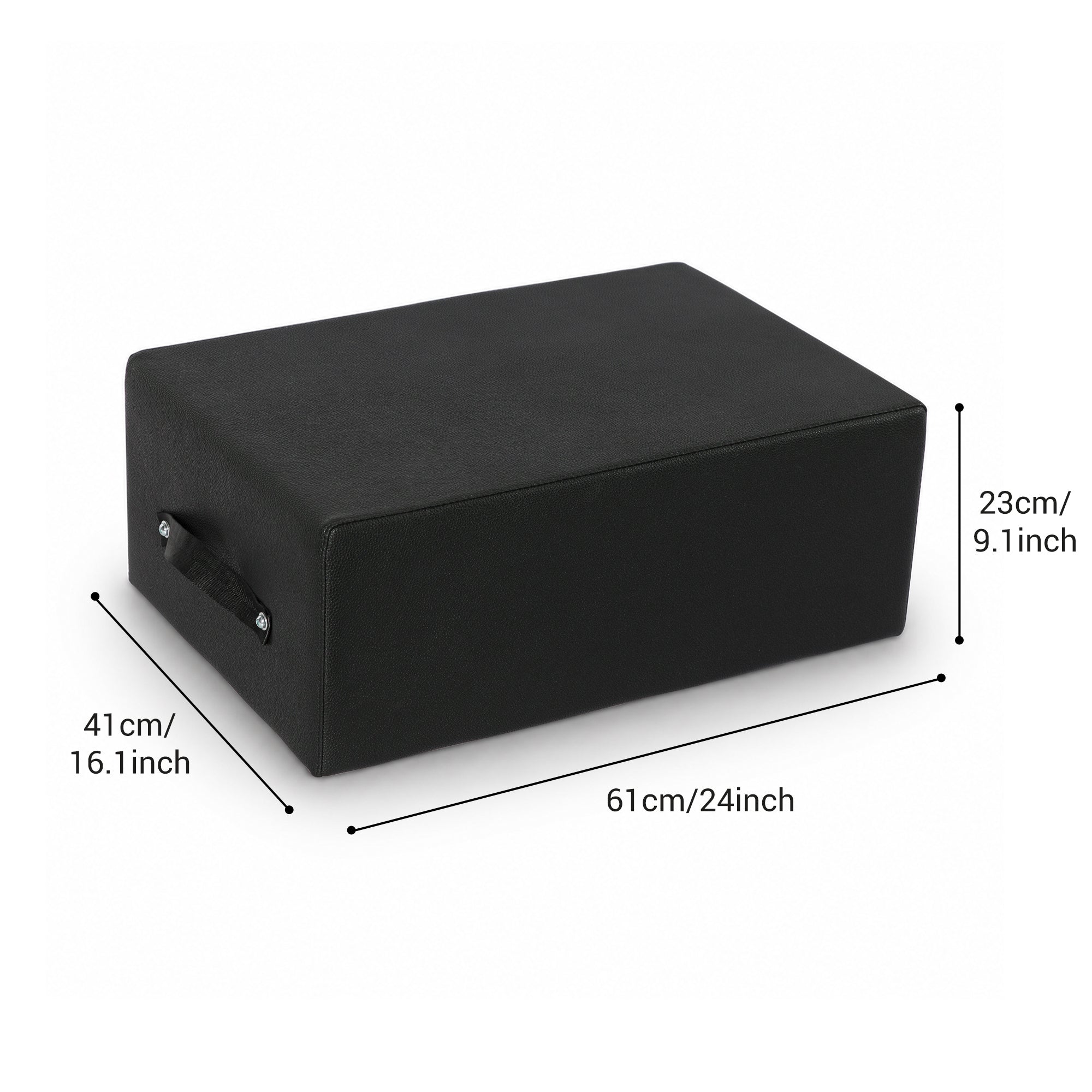 Displaying the dimensions of a black Pilates sitting box, shown on a white background.