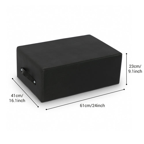 Displaying the dimensions of a black Pilates sitting box, shown on a white background.